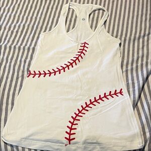 White lululemon Tank Top with Red Baseball Stitch Design